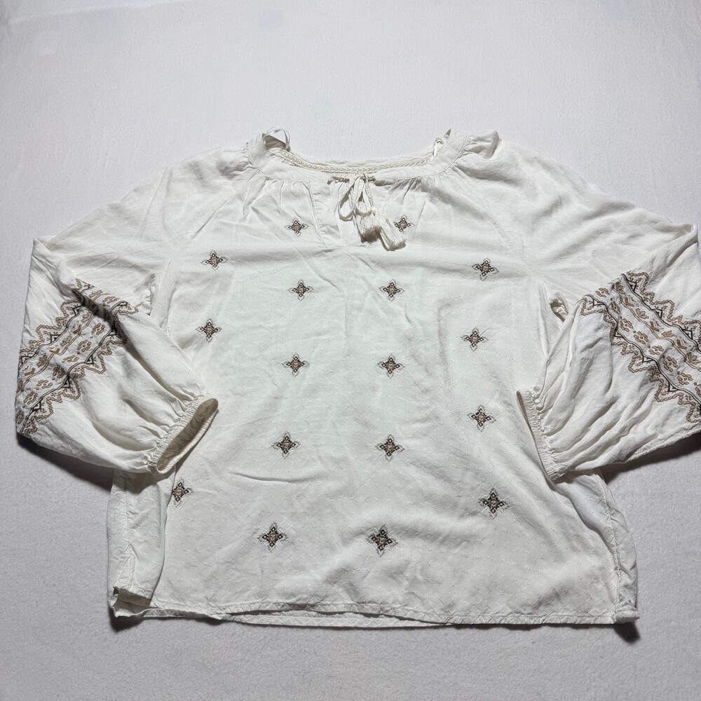 Style & Co Embroidered Peasant Blouse L White Long Sleeve Rayon